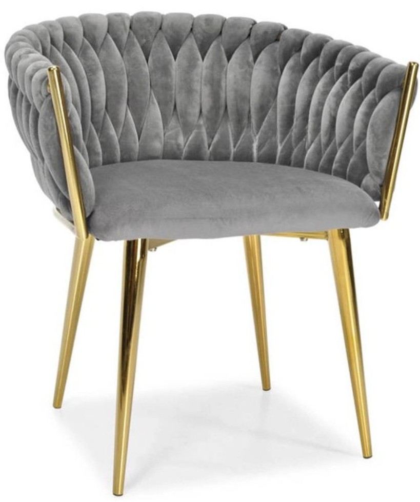 Grau Samt GLAMOUR Stuhl – Goldene Beine, Gewebtes Modernes Design