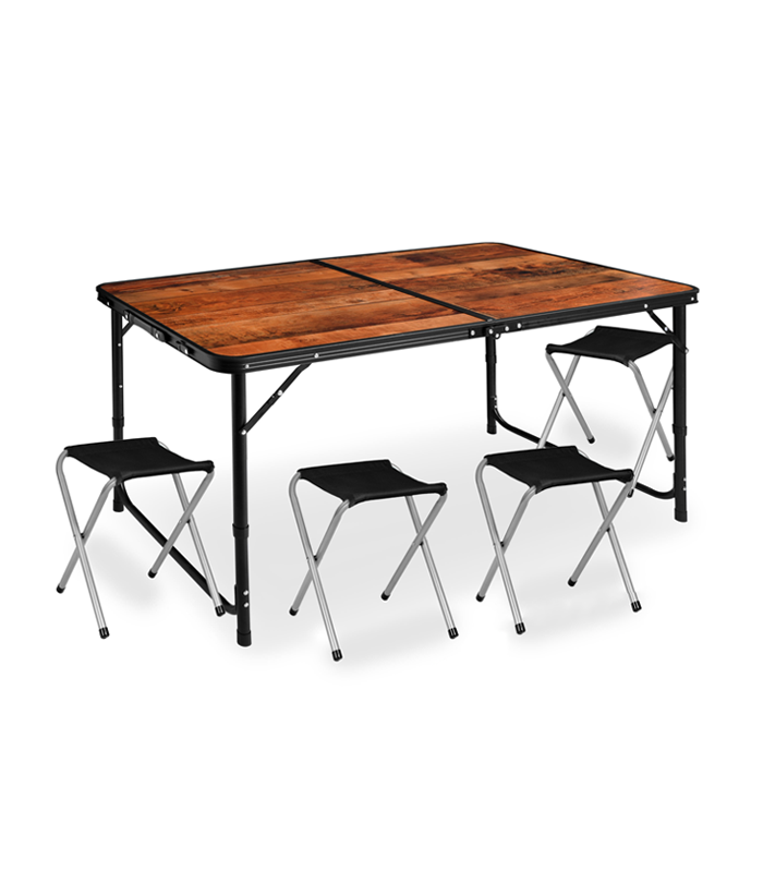 Klappbares Camping-Tischset mit 4 Stühlen 5-in-1 Koffer-Stil – Garten- und Outdoor-Set, Holzoptik-Finish
