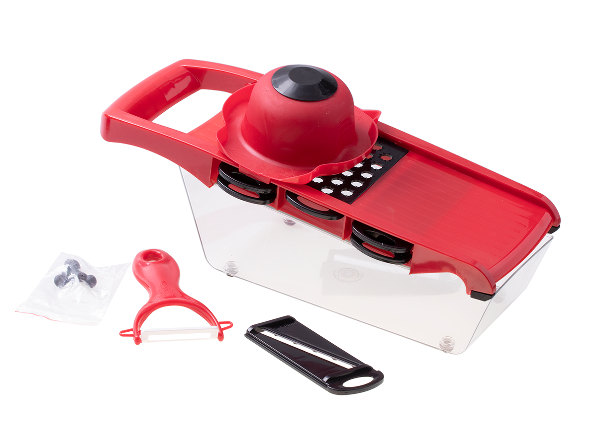 Reibe, Schneidegerät, 6 in 1 Schneidegerät + Schäler, Gemüsehhalter und Produkt-Schüssel