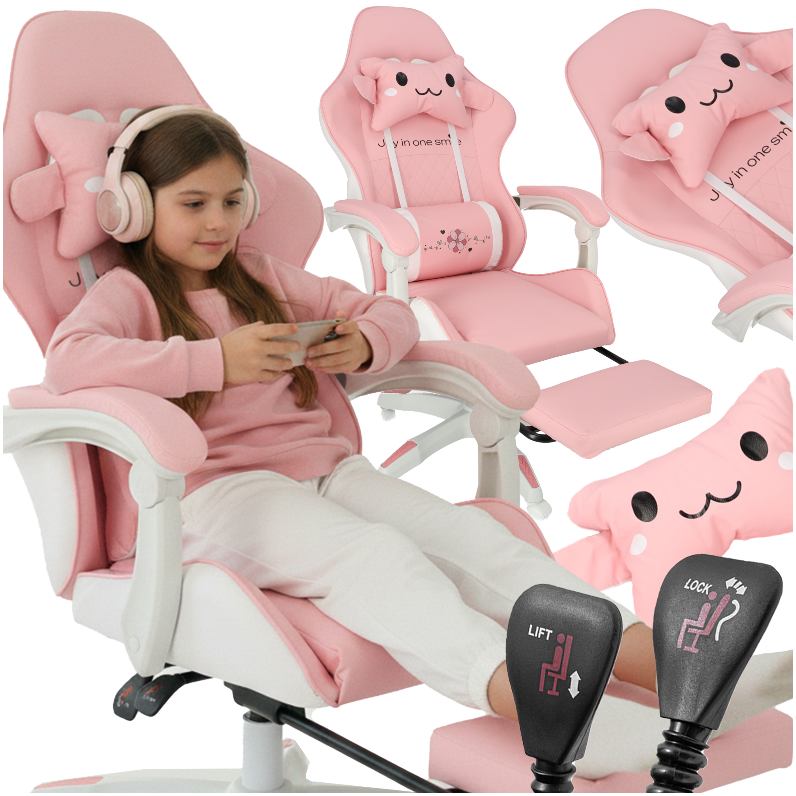 Kindersessel für Gamer Rosa mit Fußstütze Gaming Drehbar Weich