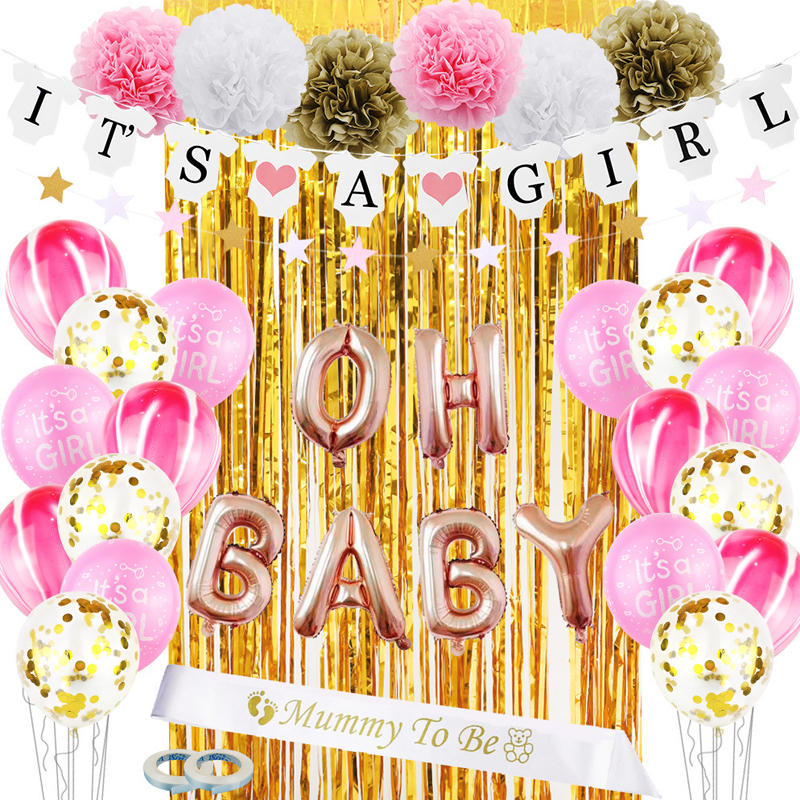 Ein Set aus Ballons und Requisiten für die Babyparty - "IT'S A GIRL"