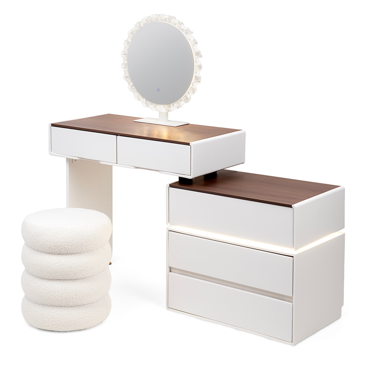 LED Schminktisch Paula – Weiß/Nussbaum – 80 cm Platte