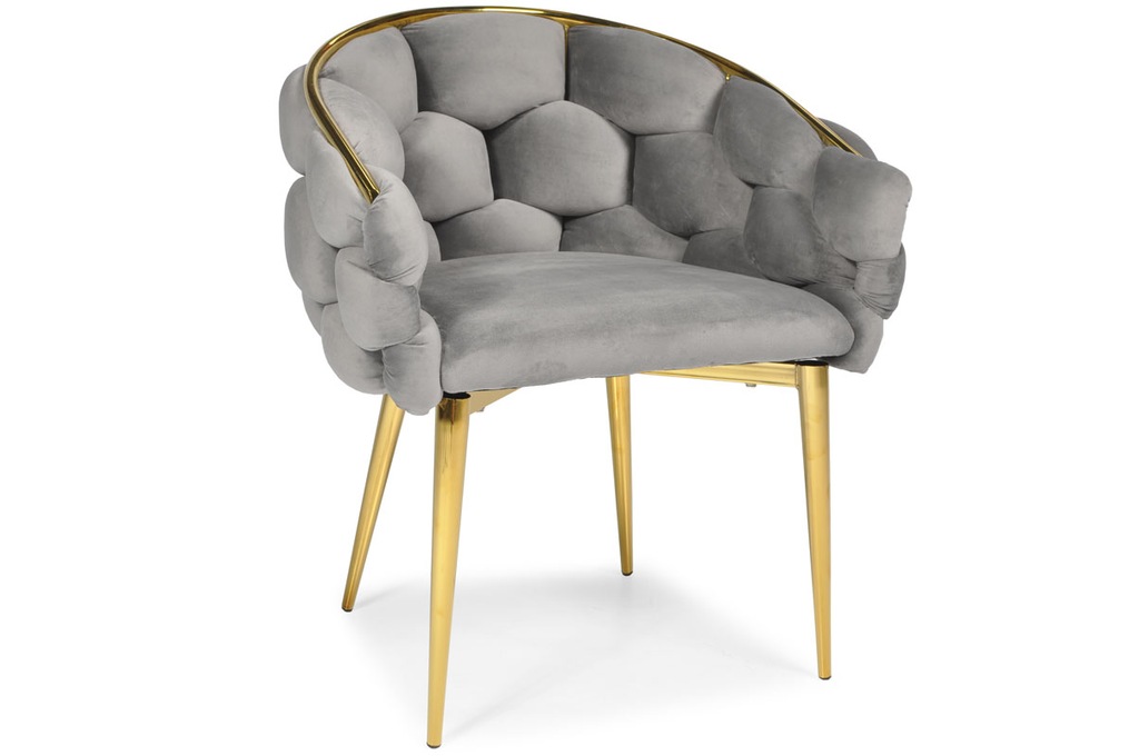 FERTONE BALLOON Samtstuhl, Grau – Gold Glamour Beine, Schalensitz, für Esszimmer/Wohnzimmer, 70 × 60 × 81 cm