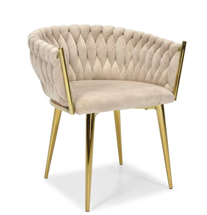 Samtstuhl GLAMOUR – BEIGE Goldene Beine Geflochten Modern