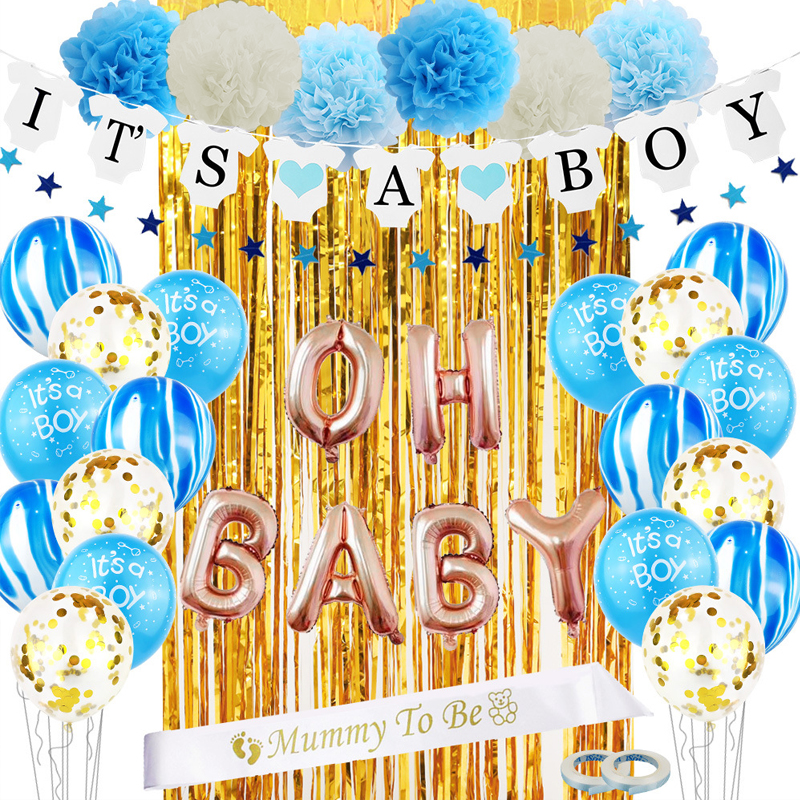 Ein Set aus Luftballons und Requisiten für Baby Shower - "IT'S A BOY"