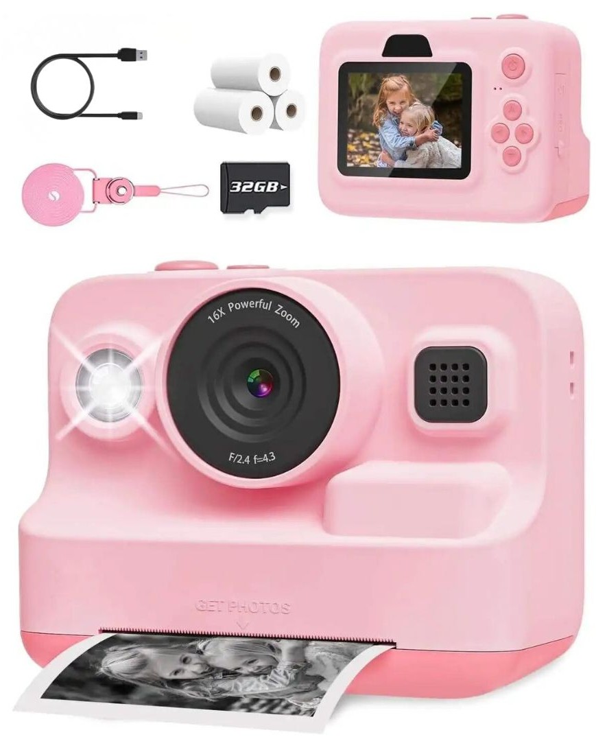 Sofortbildkamera mit Videodrucker, 3 Rollen, Pink