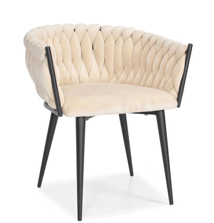 Beiger Samt GLAMOUR Stuhl – Schwarze Beine, Geflochtenes Modernes Design