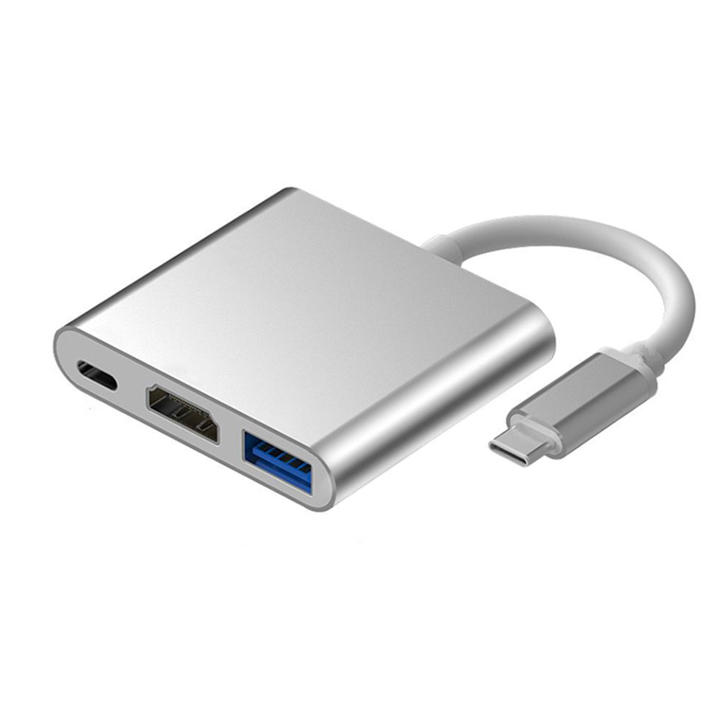 Aluminium Adapter HUB 3in1 USB-C zu HDMI 4K, USB 3.1, USB-C - silber