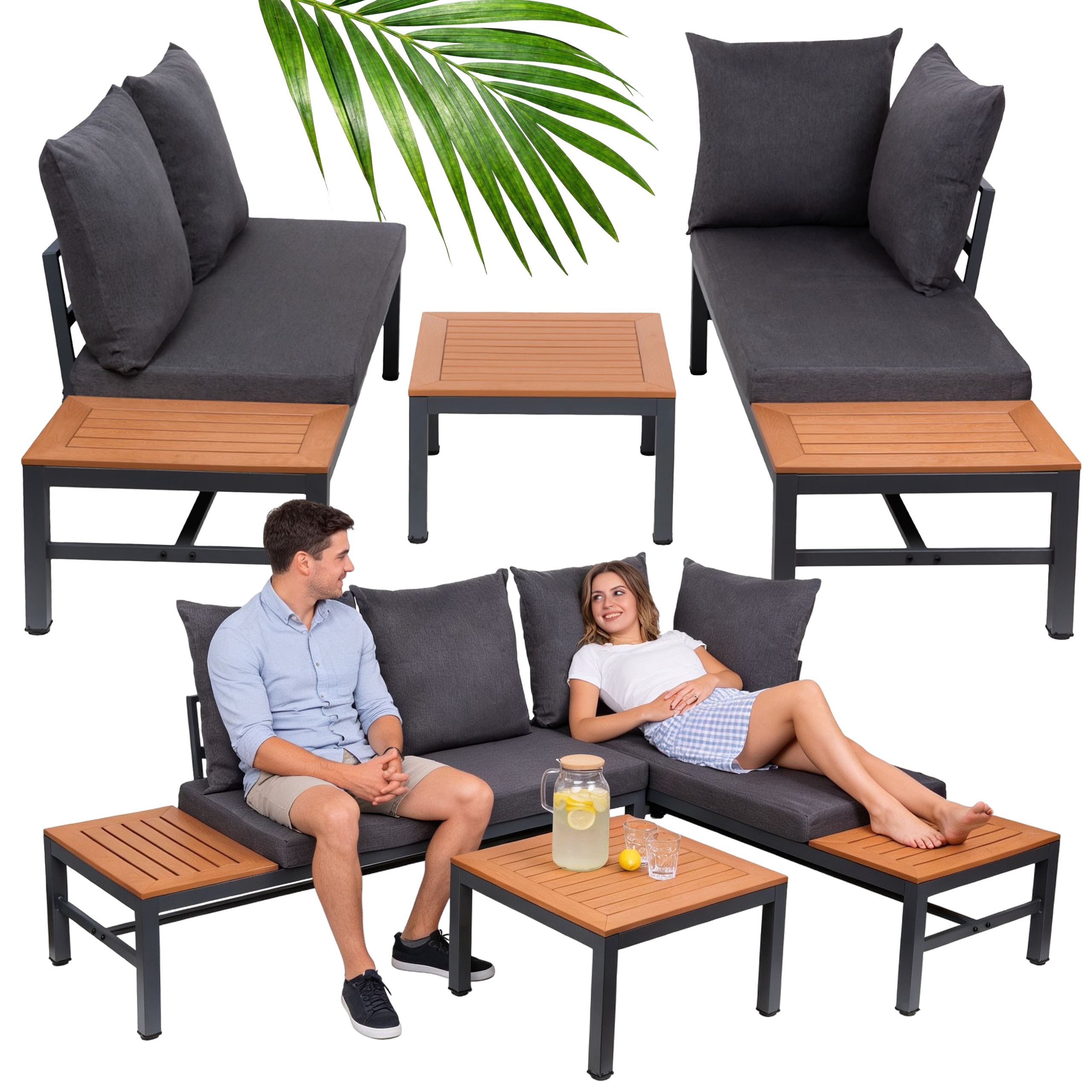 LAGOS Outdoor Ecksofa mit Chaiselongue-Funktion – Modulares Terrassen-Set, Grau + Couchtisch + Kissen