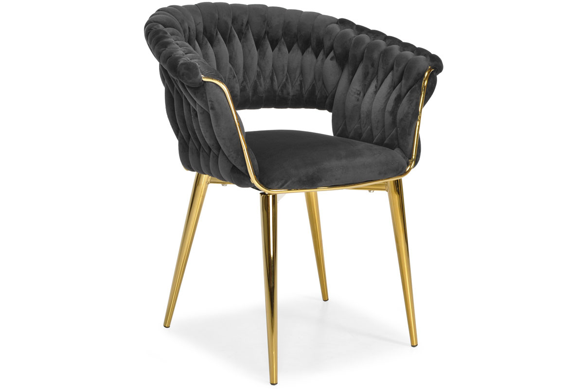 Gepolstertes Samt-Stuhl für Wohnzimmer Esszimmer Schwarz Goldene Beine Geflochten