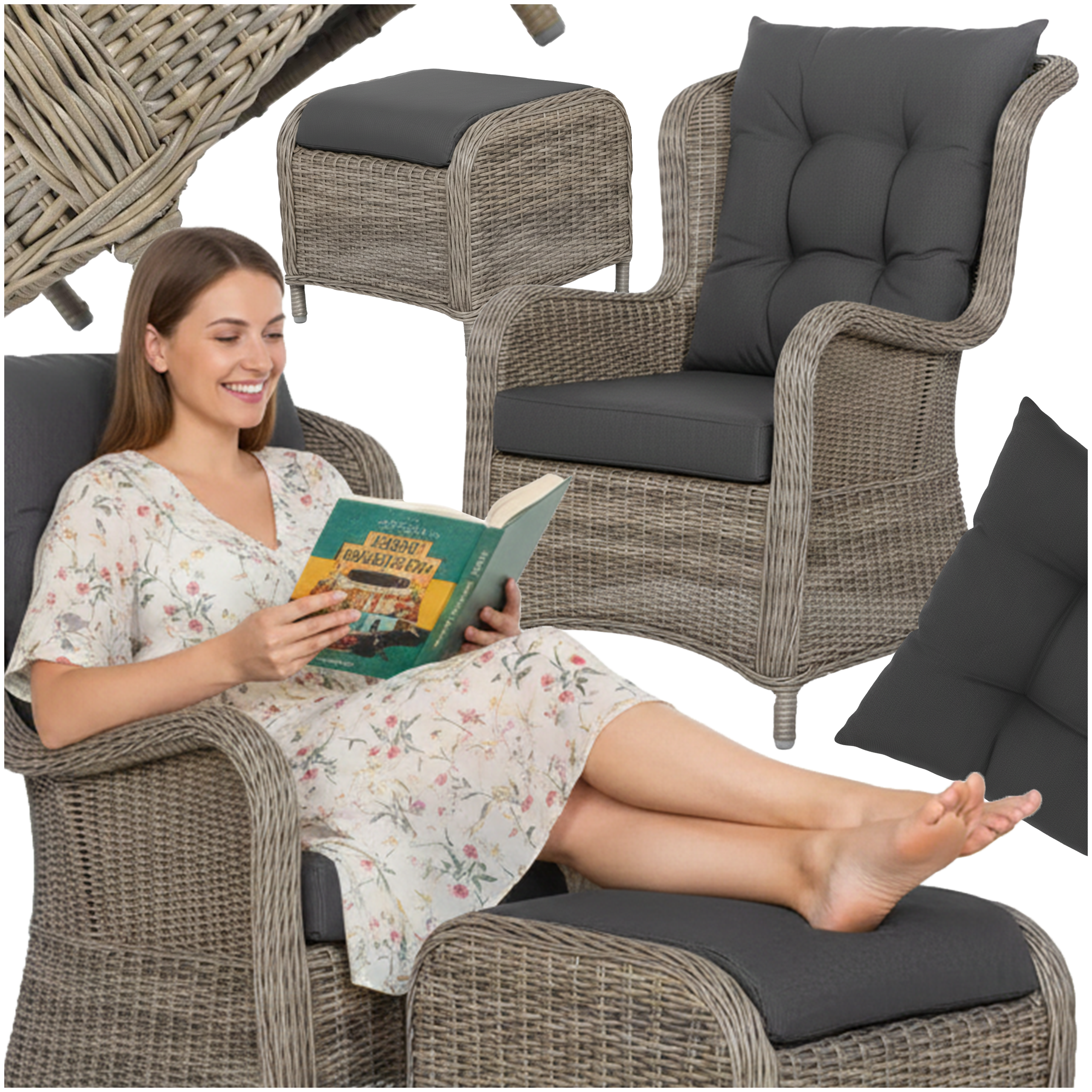 Sonata Patio Sessel mit Fußhocker und Kissen – Grau Poly Rattan