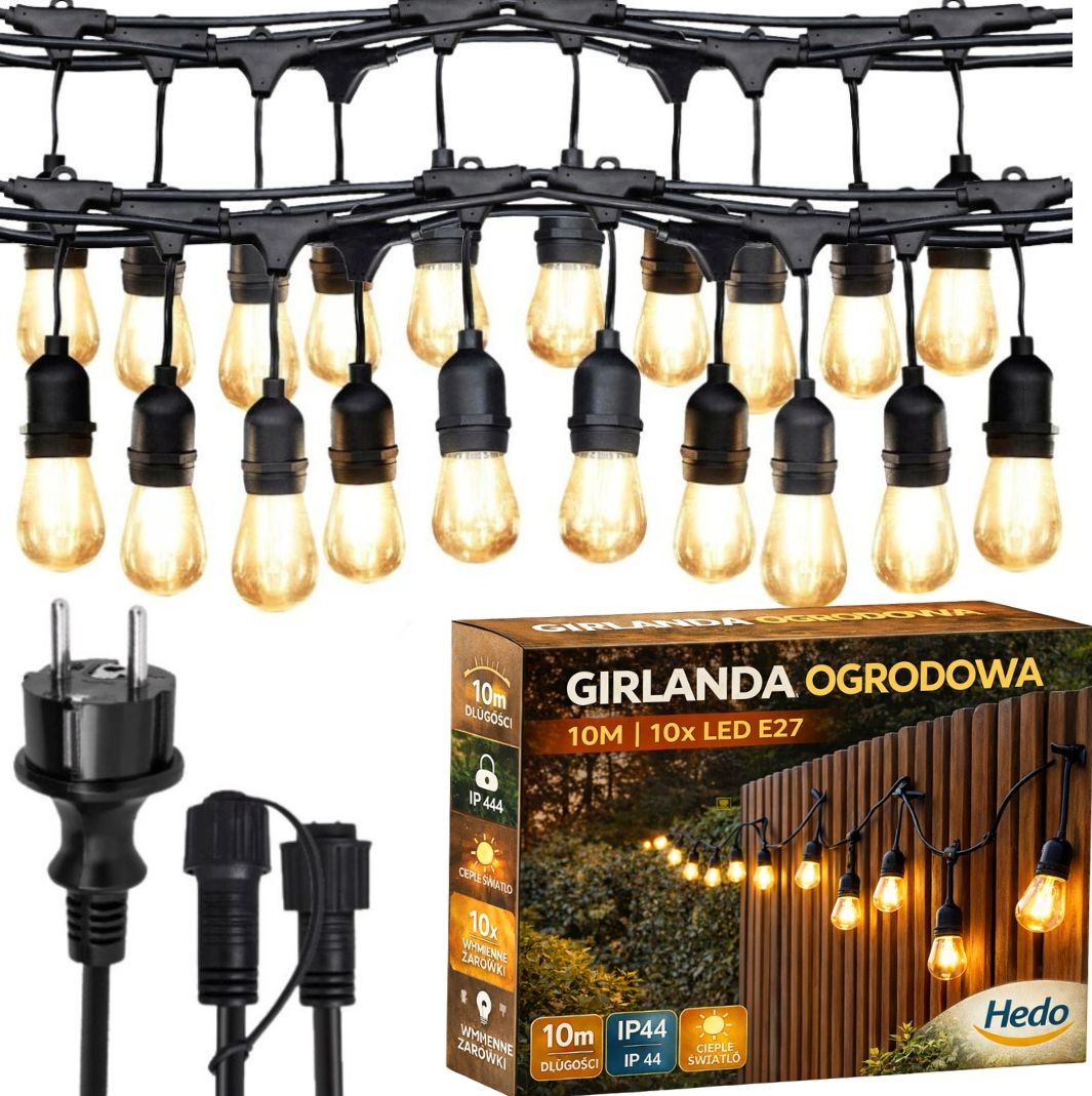 Garden String Lights 10M 10x LED Bulbs Mains Powered Waterproof