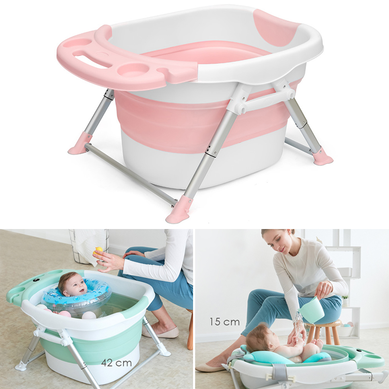 Baby folding bath tub with a pillow in color pink pink